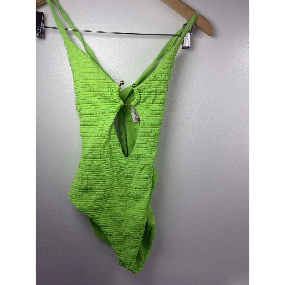Neon Green Textured One Piece Swimsuit Open Back Ring Detail Criss Cross Size S
